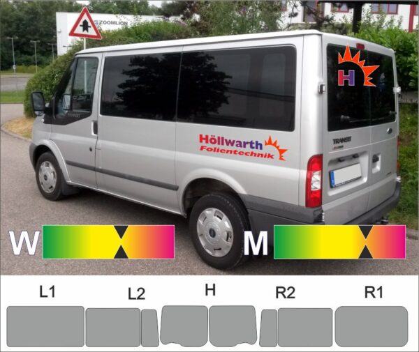 FORD Transit 06 2006 bis 2013 kurzer Radstand Schiebetür nur rechts Heckflügel mit Scheibenwischer passgenaue Tönungsfolie