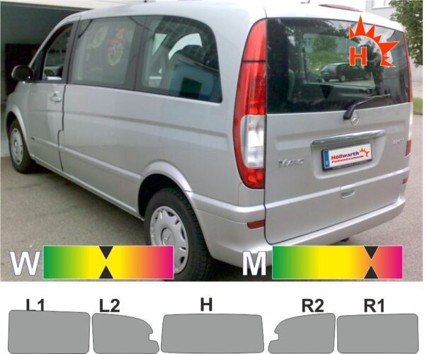 MERCEDES Vito u Viano 2003 bis 2014 kurzer Radstand ohne Schiebetür links und Ausstellfenster hinten links und rechts passende Tönungsfolie