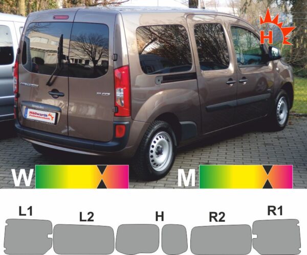 MERCEDES Citan Tourer lang, Heckflügeltüren, Schiebetüren mit Ausstellfenster ab 2012 passende Tönungsfolie