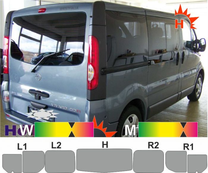 OPEL Vivaro A L1 Heckklappe Schiebetür_R Schiebefenster 2001 bis 2014 passende Tönungsfolie