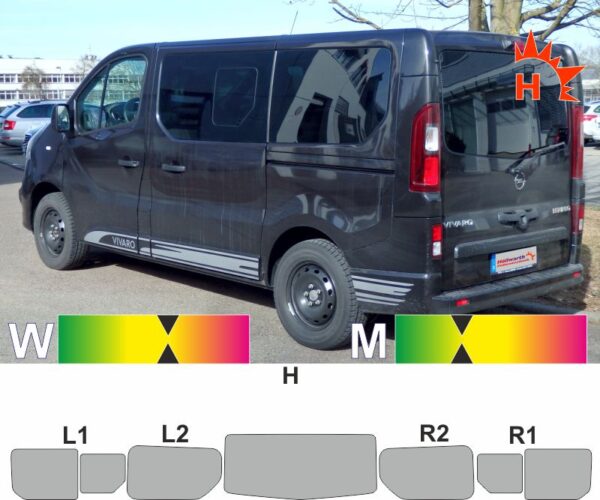 Vivaro B L1H1 Heckklappe Schiebetüren links und rechts Schiebefenster passende Tönungsfolie