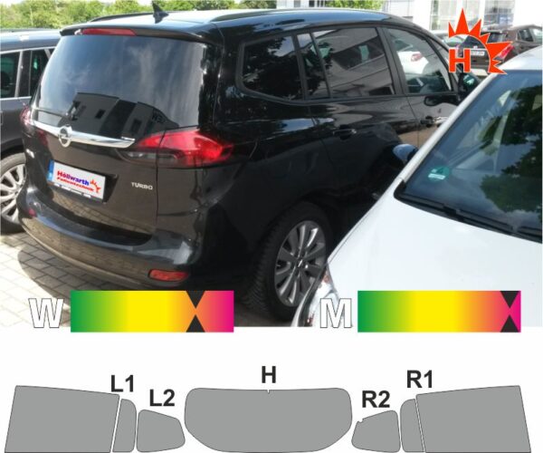 OPEL Zafira C Tourer 2012 bis 2019 mit Antennenanschlüssen in Heck- und rechter Kofferraumscheibe passende Tönungsfolie