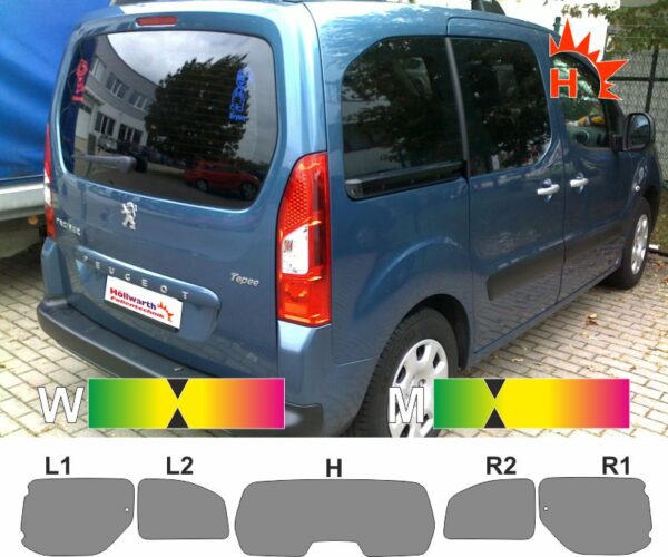 PEUGEOT Partner Tepee 2008 bis 2018 mit Heckklappe, Schiebetüren und Schiebefenster passende Tönungsfolie