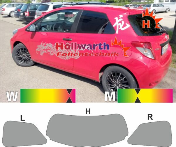 TOYOTA Yaris XP13 dreitürig 2010 bis 2017 passende Tönungsfolie