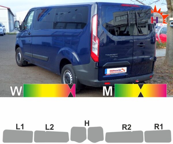 FORD Transit Custom langer Radstand Schiebetür rechts Heckflügeltüren mit Scheibenwischer passende Tönungsfolie