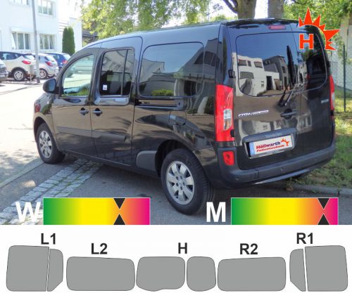 Mercedes Citan lang Heckflügel Schiebetüren mit Hebefenster passgenaue Toenungsfolie