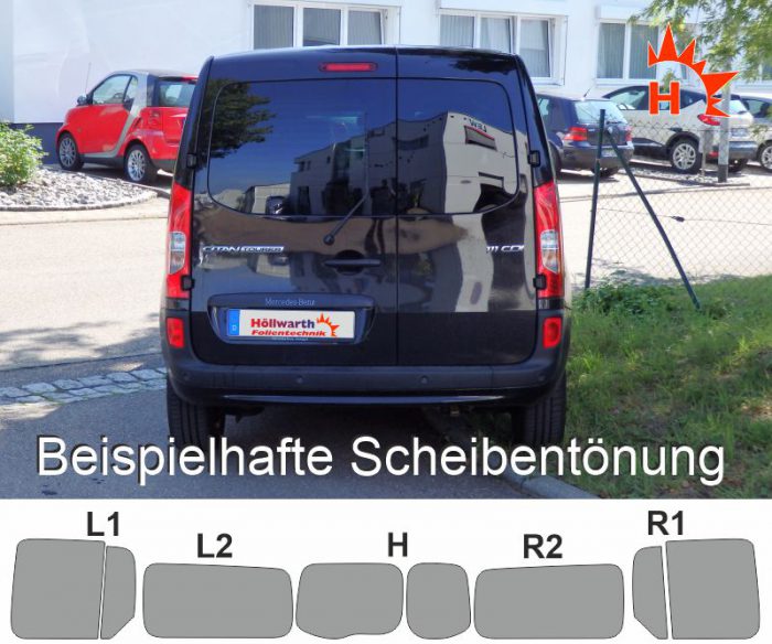 Mercedes Citan lang Heckflügel Schiebetüren mit Hebefenster passgenaue Toenungsfolie