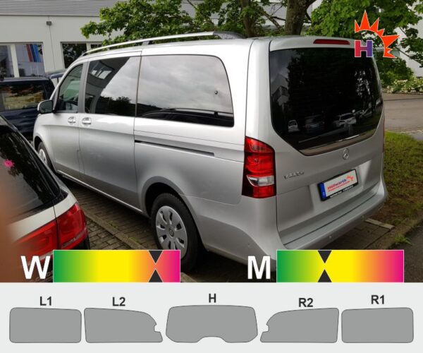 MERCEDES V-Klasse ab 2014 Baureihe 447, 5140 mm, Schiebetüren links und rechts, Ausstellfenster hintere Seiten- und Heckscheibe, passgenaue Tönungsfolie