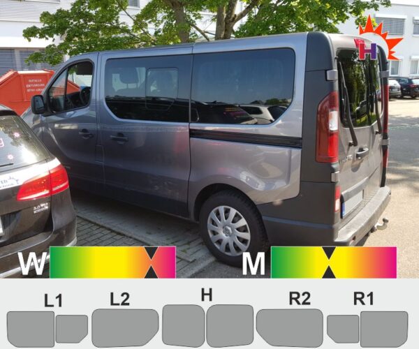 RENAULT Trafic III L1H1 ab 2014 Heckflügeltüren, Schiebetür links und rechts, Schiebefenster passende Tönungsfolie
