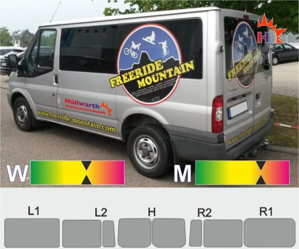 FORD Transit 06 2006 bis 2013 kurzer Radstand Schiebetür nur rechts Heckflügel ohne Scheibenwischer passgenaue Tönungsfolie
