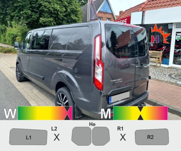 FORD Transit Custom Kastenwagen, zwei Seitenfenster, Heckflügeltüren ohne Scheibenwischer passende Tönungsfolie