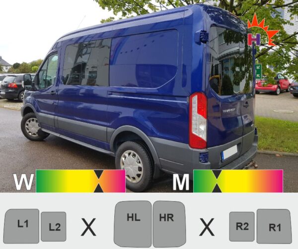 FORD Transit 14 Hochdach, Schiebefenster, Heckflügel mit Scheibenwischer, passgenaue Tönungsfolie